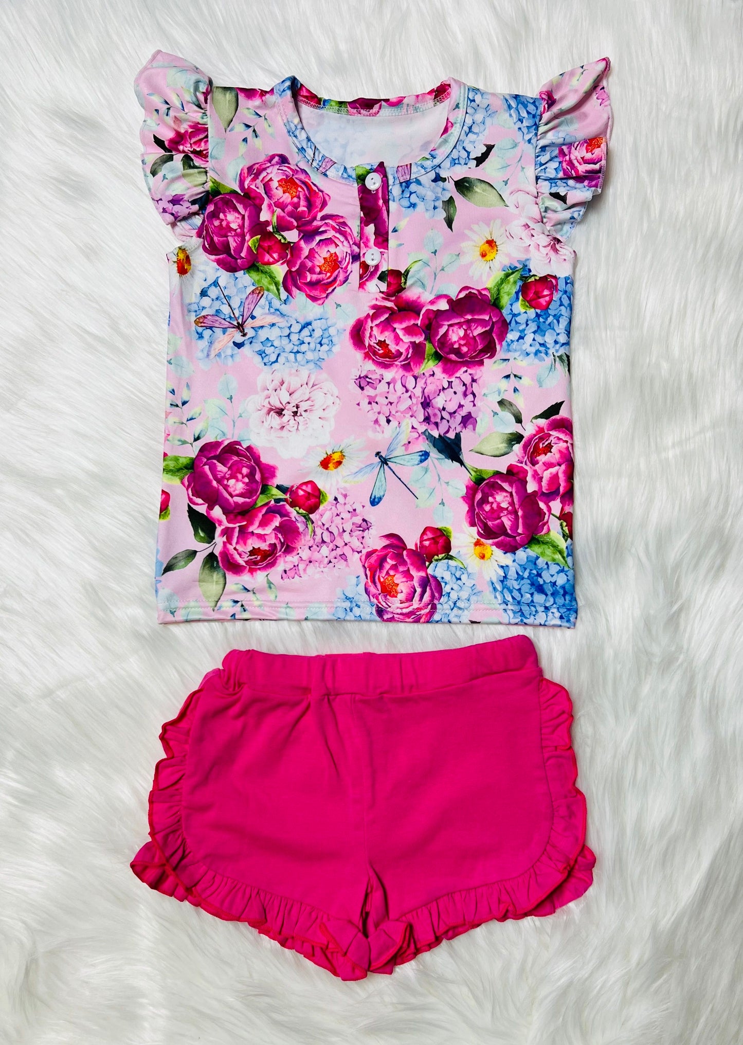 Hot pink floral short sleeve 2pc short & top set DLH1215-16