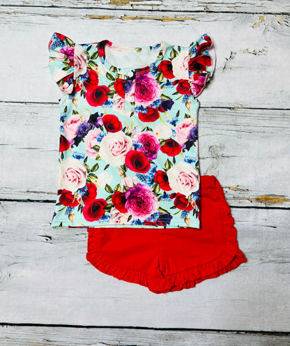 Red floral short sleeve 2pc short & top set DLH1215-17