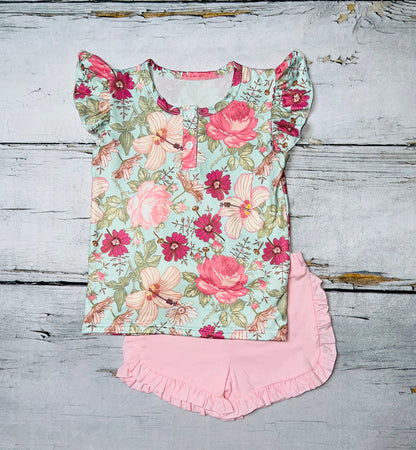 Baby pink floral short sleeve 2pc short & top set DLH1215-15