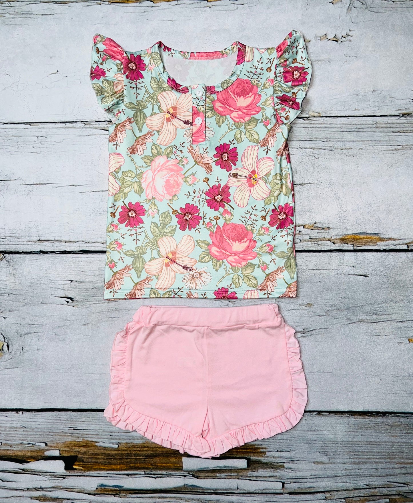 Baby pink floral short sleeve 2pc short & top set DLH1215-15
