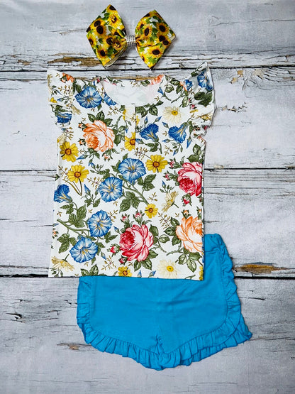 Turquoise floral short sleeve 2pc short & top set DLH1215-13