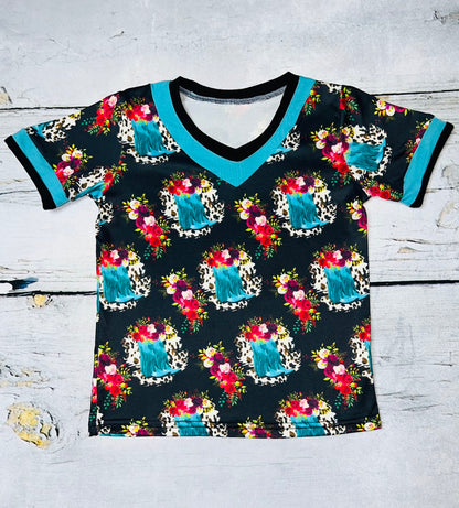 Black w/turquoise boots V-neck short sleeve t-shirt DLH0821-3