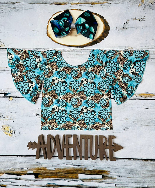 Turquoise jewel & leopard print short sleeve bell top DLH1124-3