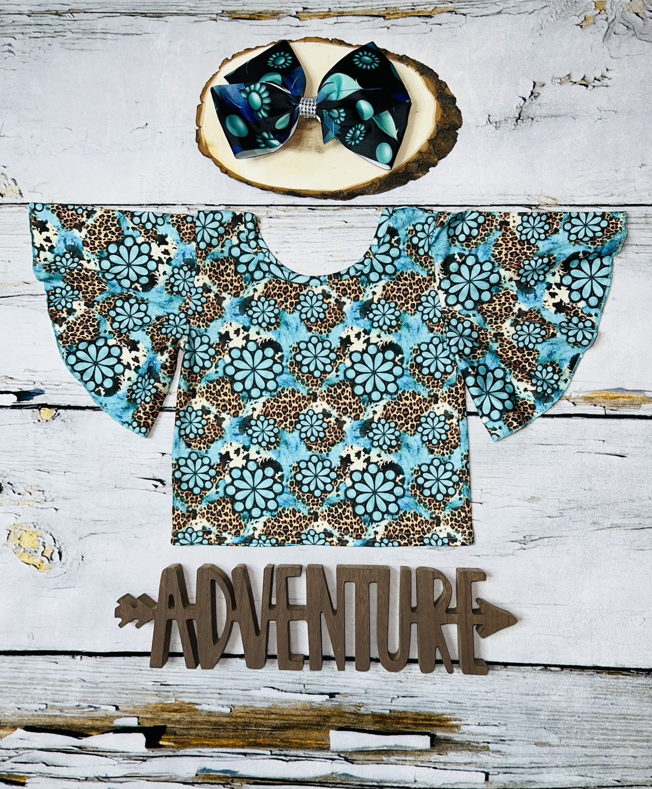Turquoise jewel & leopard print short sleeve bell top DLH1124-3