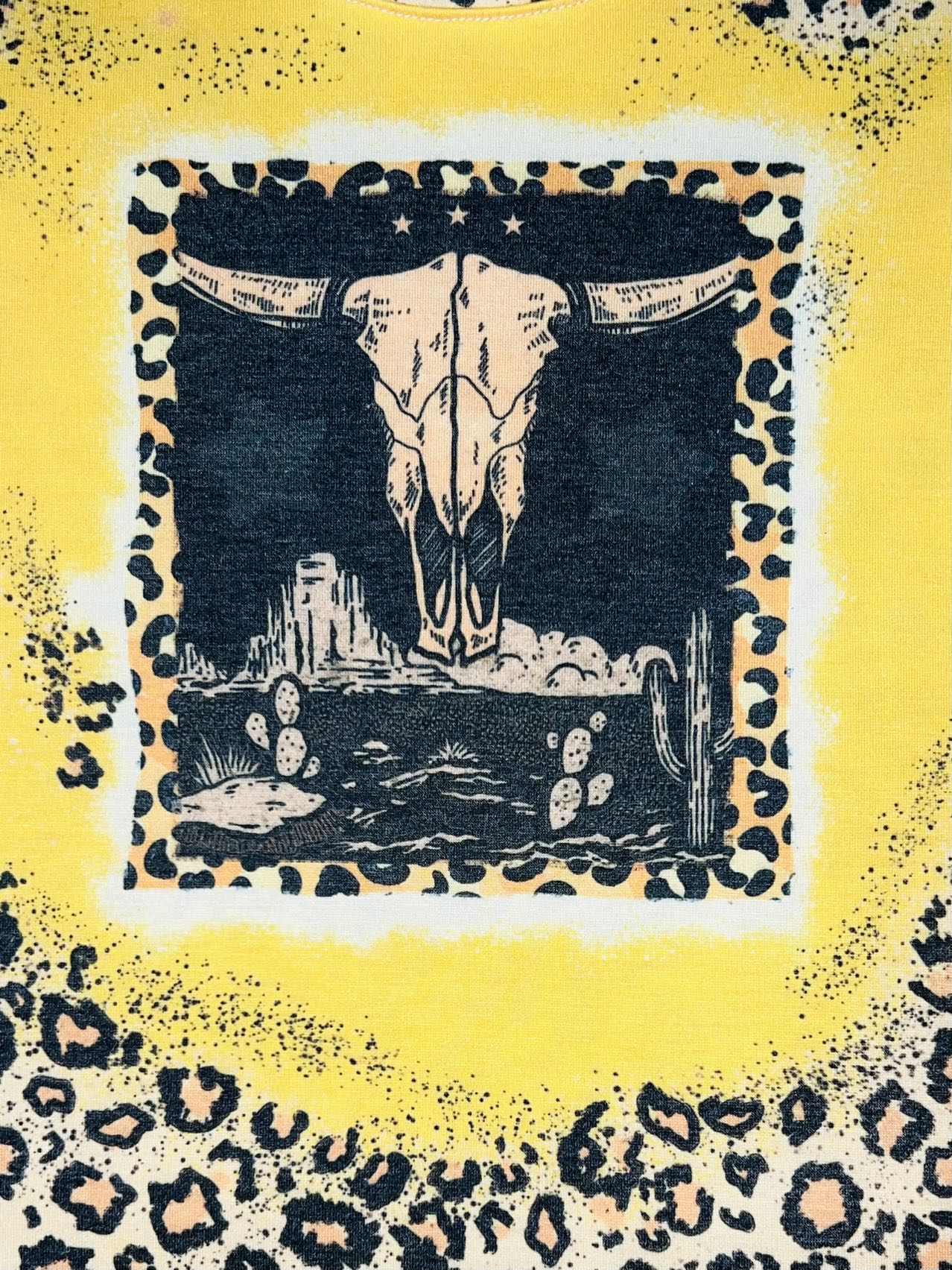 Yellow & leopard cow skull on desert short sleeve t-shirt DLH1108-10