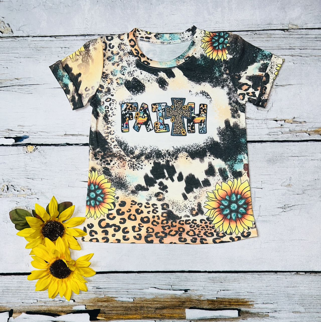 Multicolor "FAITH" washed leopard print spots short sleeve t-shirt DLH1108-20
