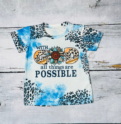 "With God All Things Are Possible" bleached blue animal print short sleeve t-shirt DLH0923-08