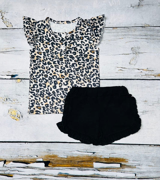 Leopard short sleeve top w/black ruffled shorts 2pc set DLH1215-14