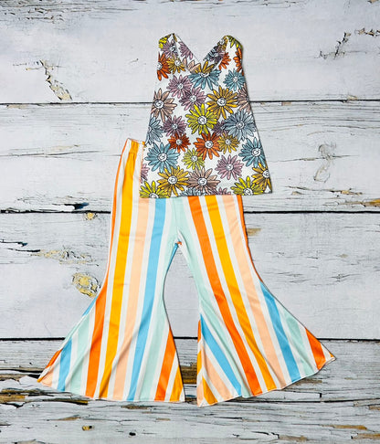 Multicolor daisy's top w/stripped bell bottoms 2pc set DLH1215-38