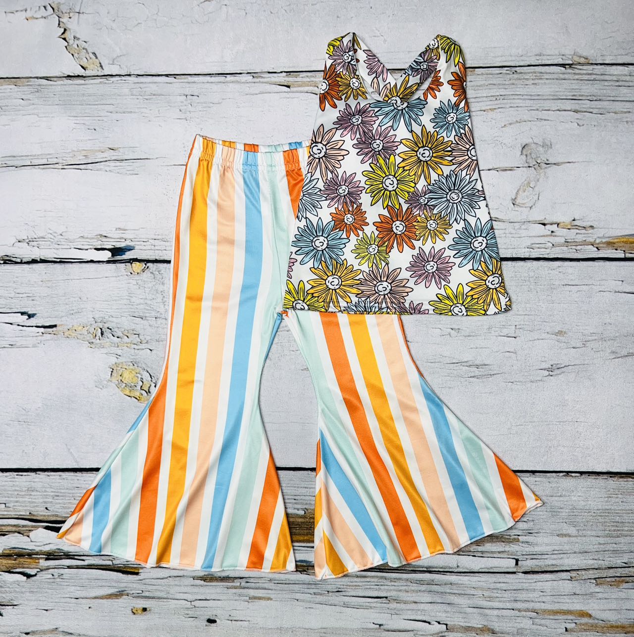 Multicolor daisy's top w/stripped bell bottoms 2pc set DLH1215-38