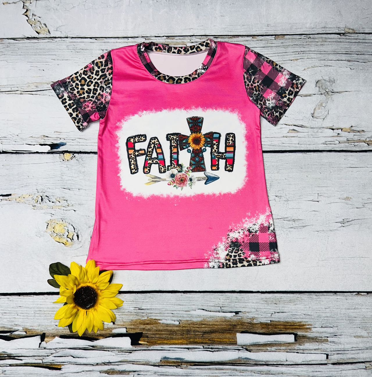 Hot Pink "FAITH" leopard & checkers short sleeve t-shirt DLH1215-37