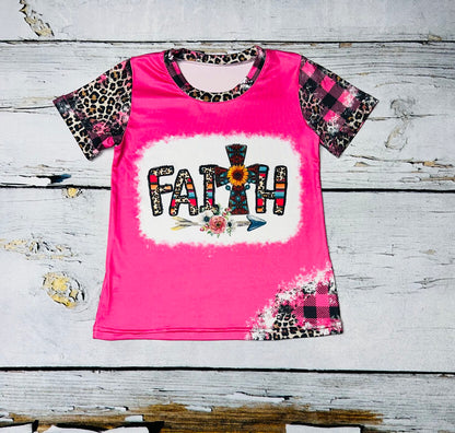 Hot Pink "FAITH" leopard & checkers short sleeve t-shirt DLH1215-37