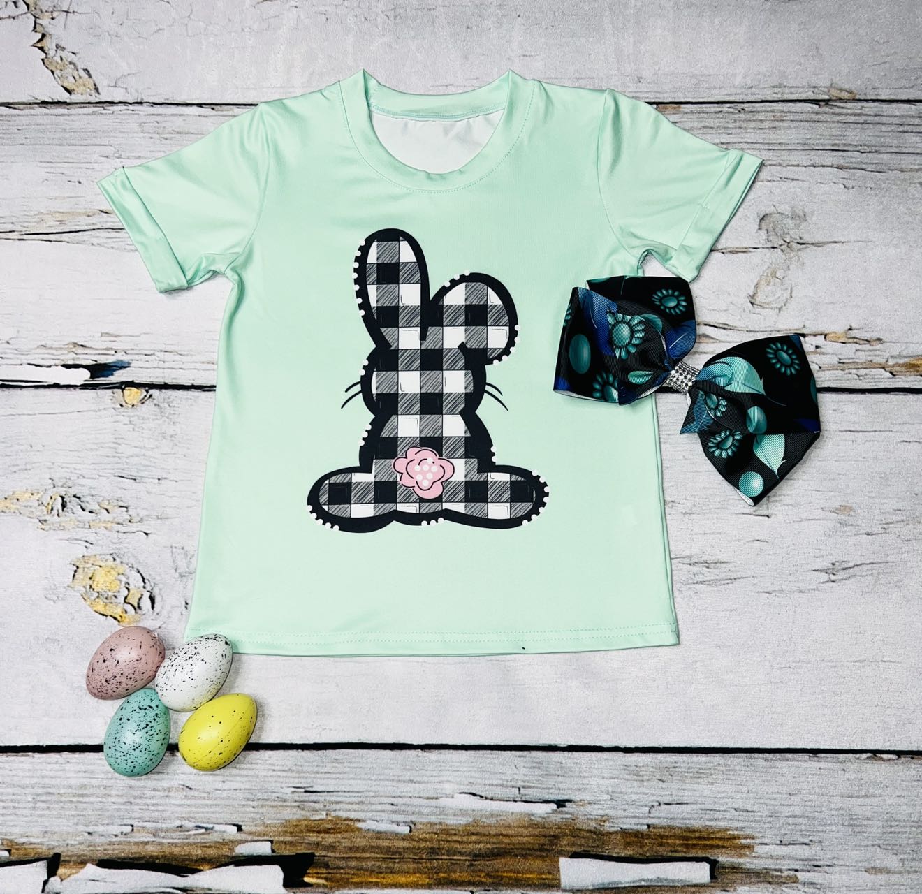Aqua checkers bunny short sleeve t-shirt DLH1215-32