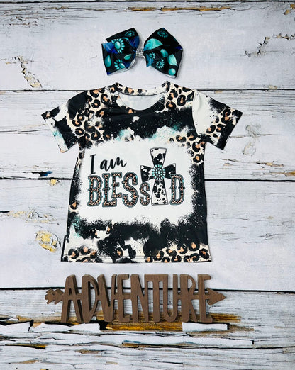 "I am blessed" cross black bleached w/leopard short sleeve t-shirt DLH1215-25