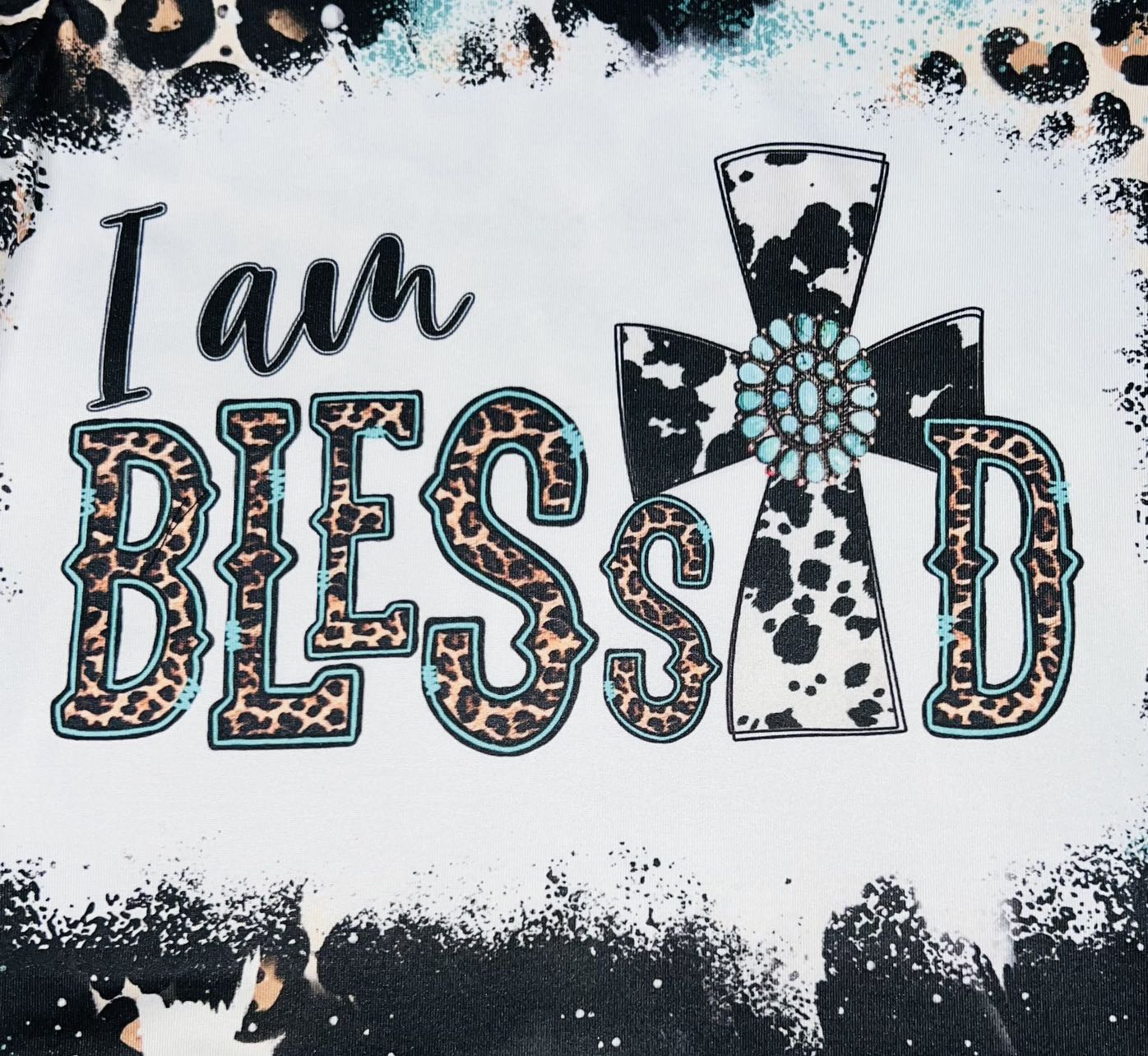 "I am blessed" cross black bleached w/leopard short sleeve t-shirt DLH1215-25