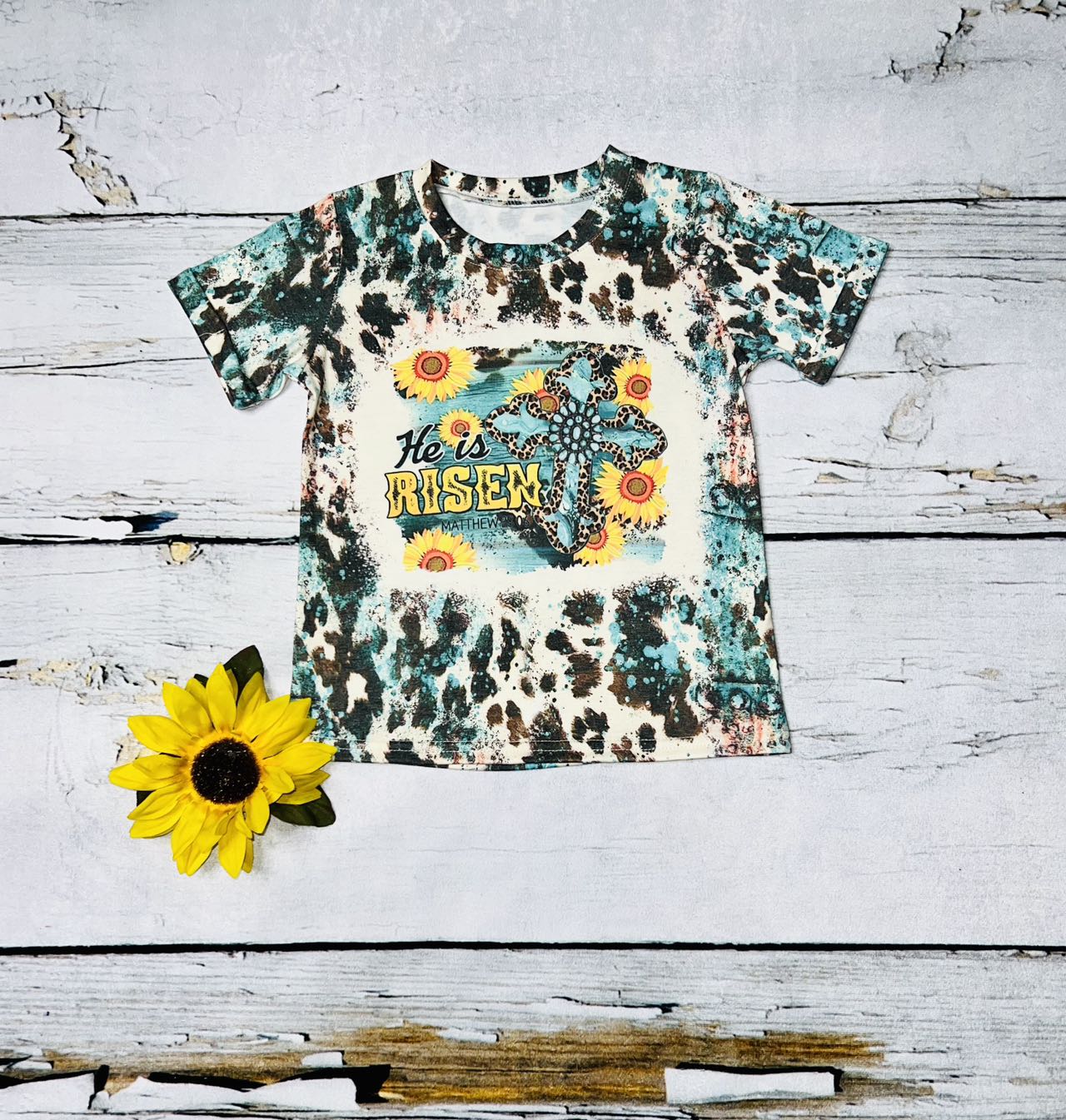 "He is risen- Matthew 28.06" cross w/sunflowers beached t-shirt DLH1212-1