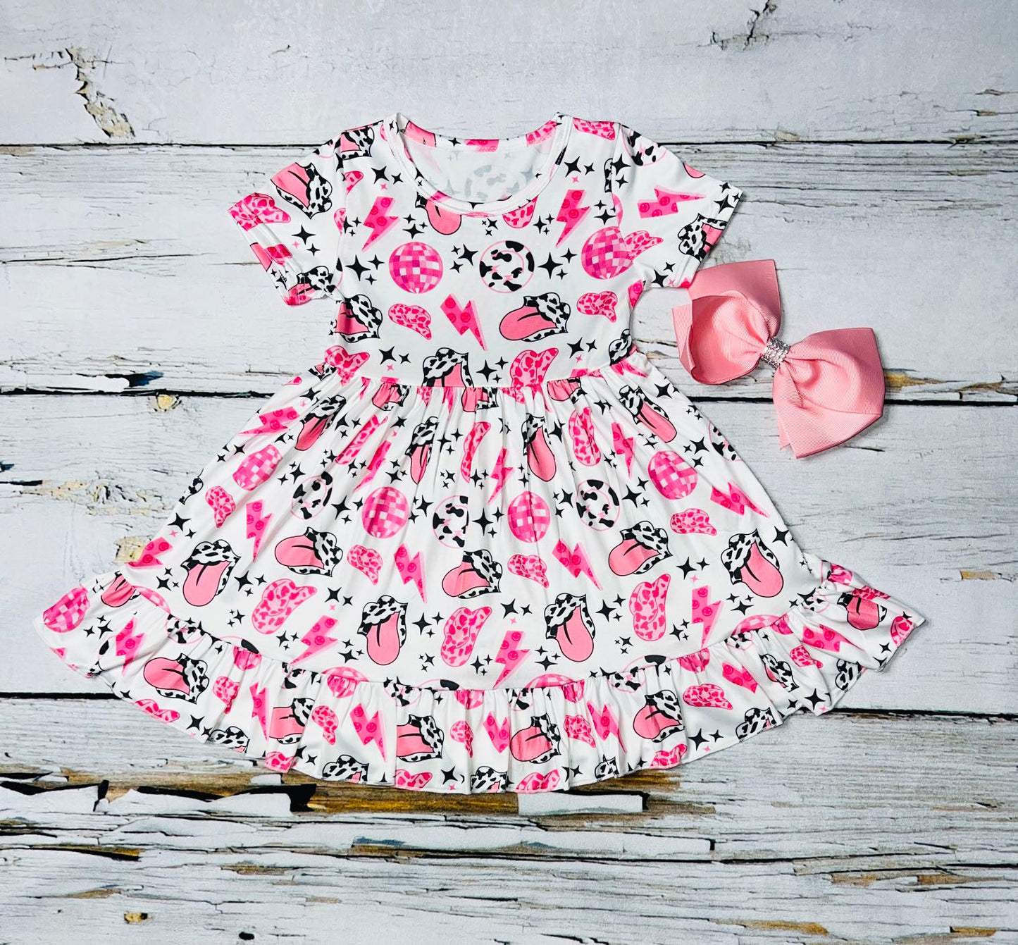 Pink, white, & black multiple retro prints short sleeve swirl dress DLH1215-02