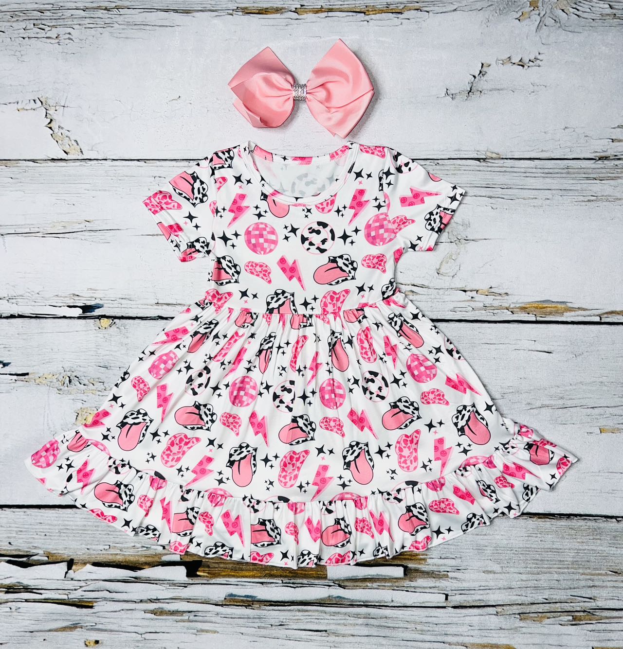 Pink, white, & black multiple retro prints short sleeve swirl dress DLH1215-02
