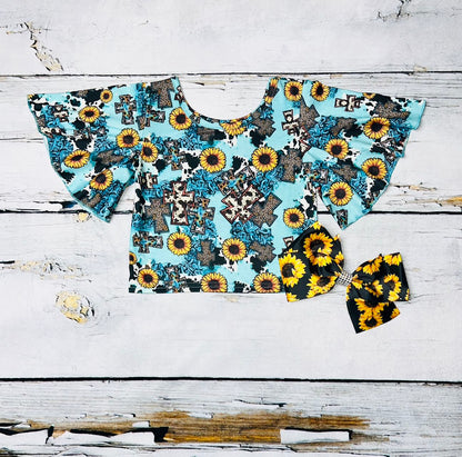 Crosses & sunflowers turquoise short bell sleeve DLH1124-4