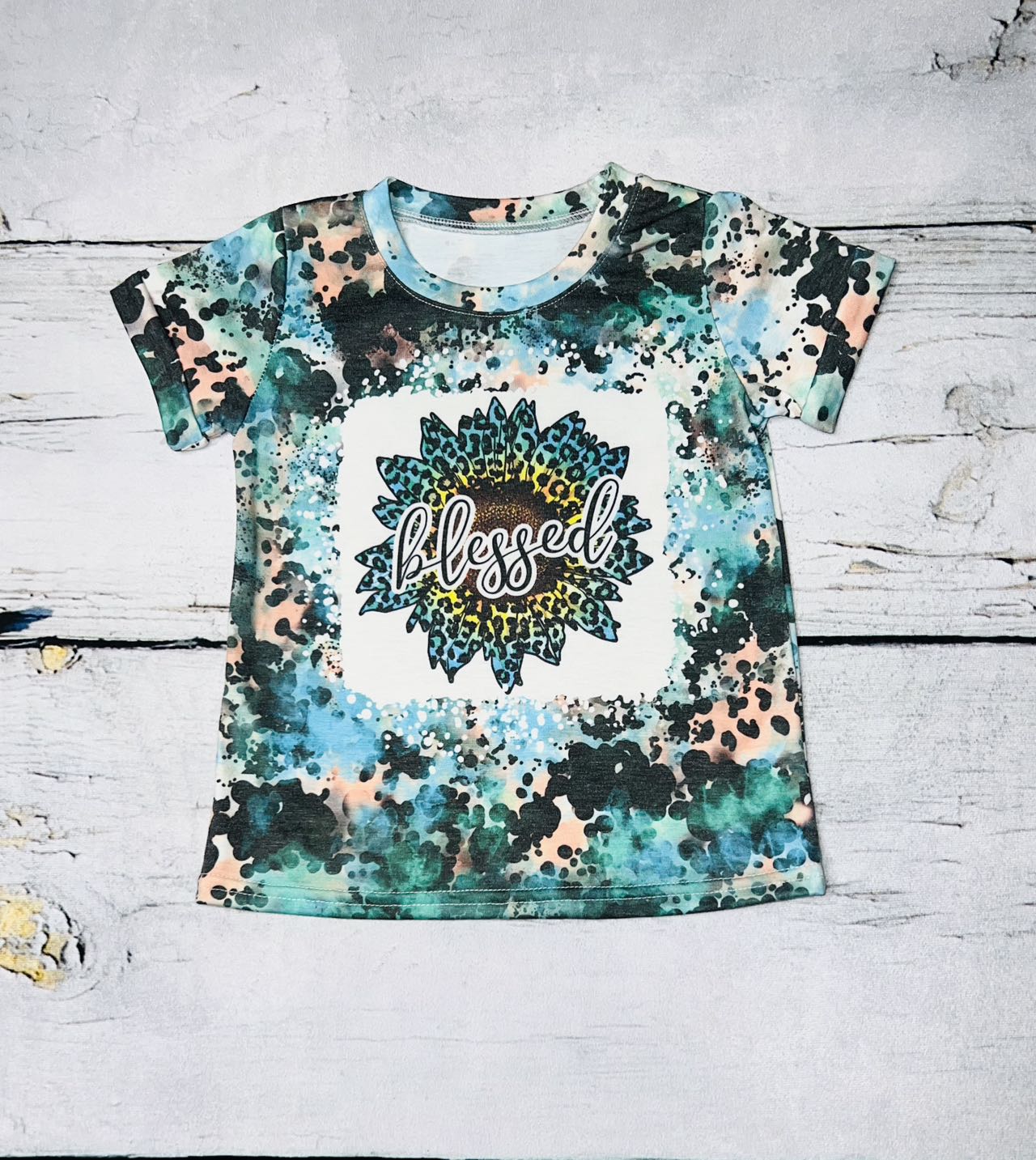 "BLESSED" multicolor animal print sunflower short sleeve t-shirt DLH1017-9