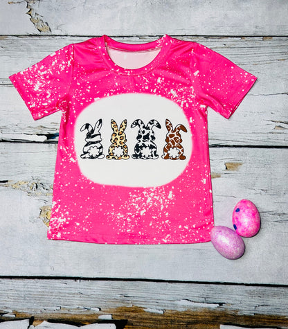 Bleached bright pink animal print bunnies short sleeve shirt DLH1230-02