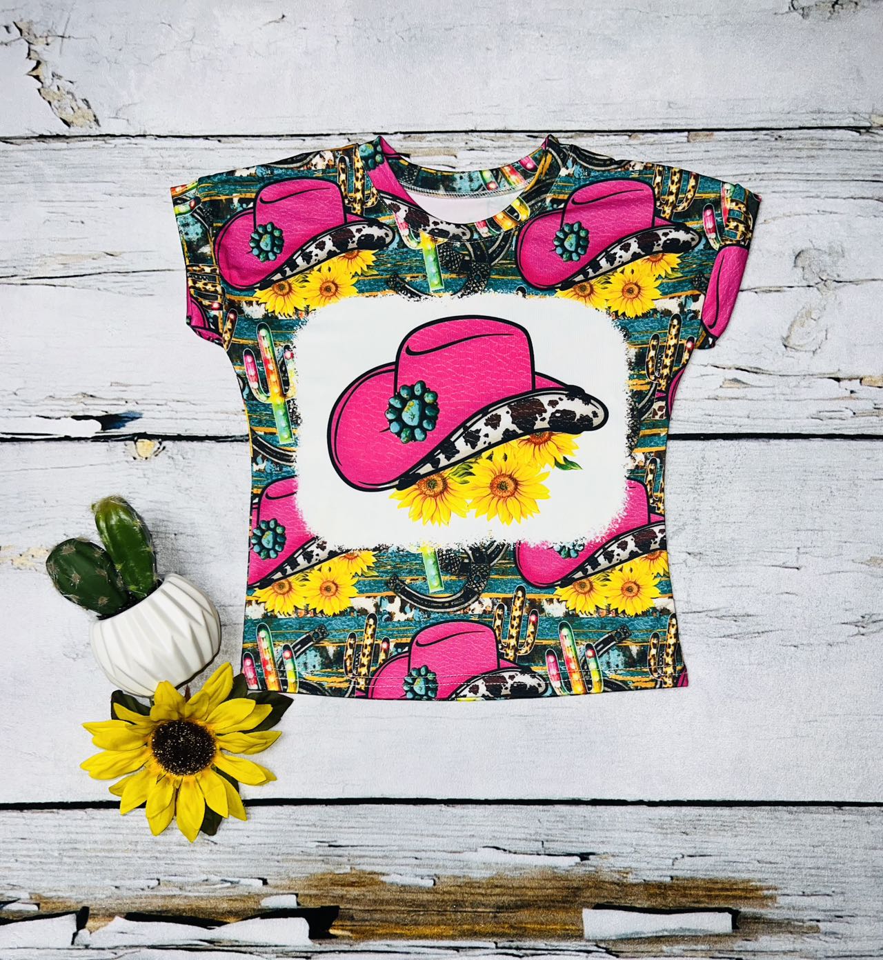 Pink cowboy hat, cactus, & sunflowers short sleeve top DLH0913-17