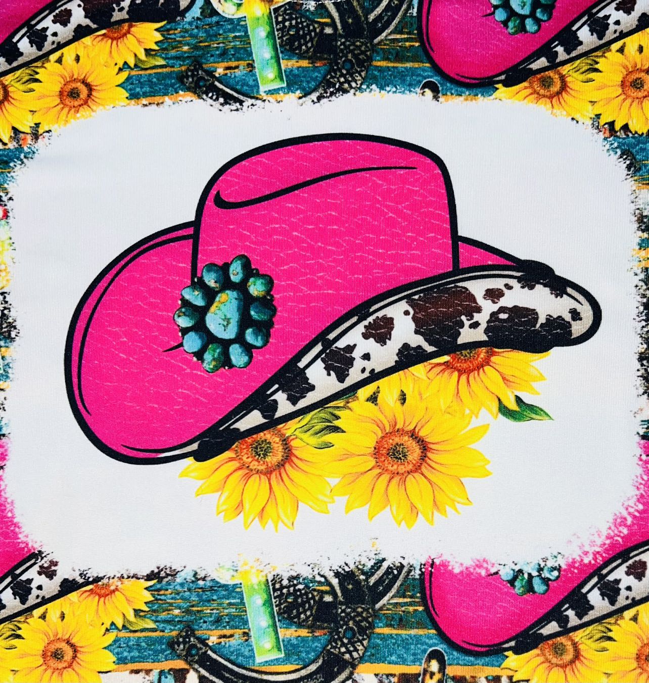 Pink cowboy hat, cactus, & sunflowers short sleeve top DLH0913-17