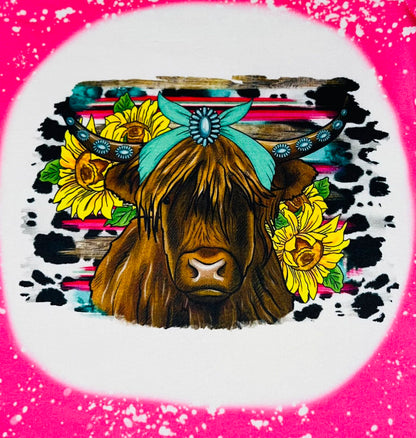 Bleached hot pink cow w/sunflowers short sleeve shirt DLH1224-02