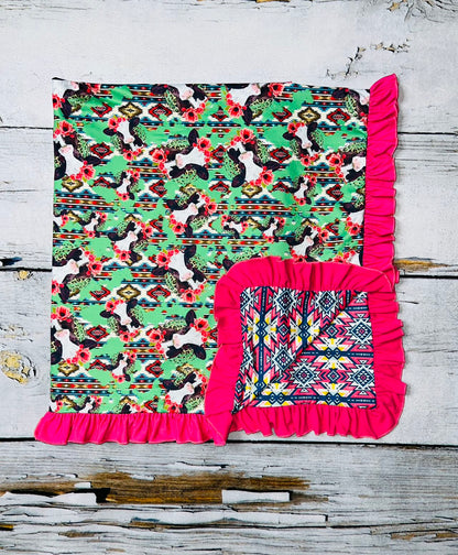 Green cows & Aztec print reversible baby blanket w/pink ruffle DLH1212-8