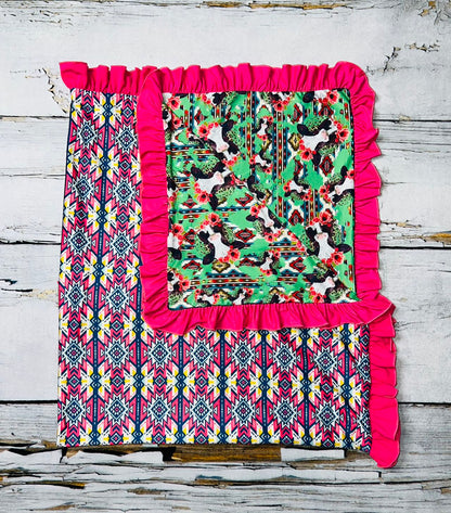 Green cows & Aztec print reversible baby blanket w/pink ruffle DLH1212-8