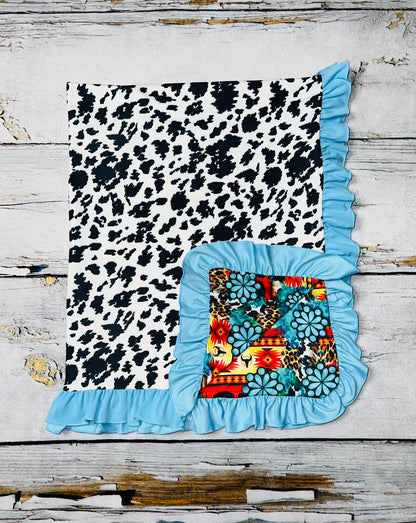 Buffalos & cow print reversible baby blanket w/turquoise ruffle DLH1212-7