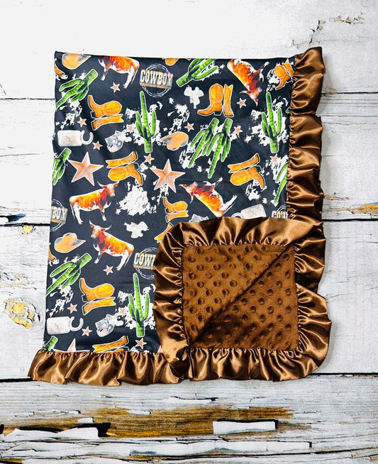 Brown/black cow, cowboy, boots, & cactus minky baby blanket DLH1215-19