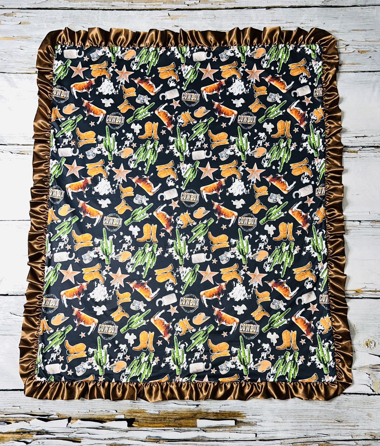 Brown/black cow, cowboy, boots, & cactus minky baby blanket DLH1215-19