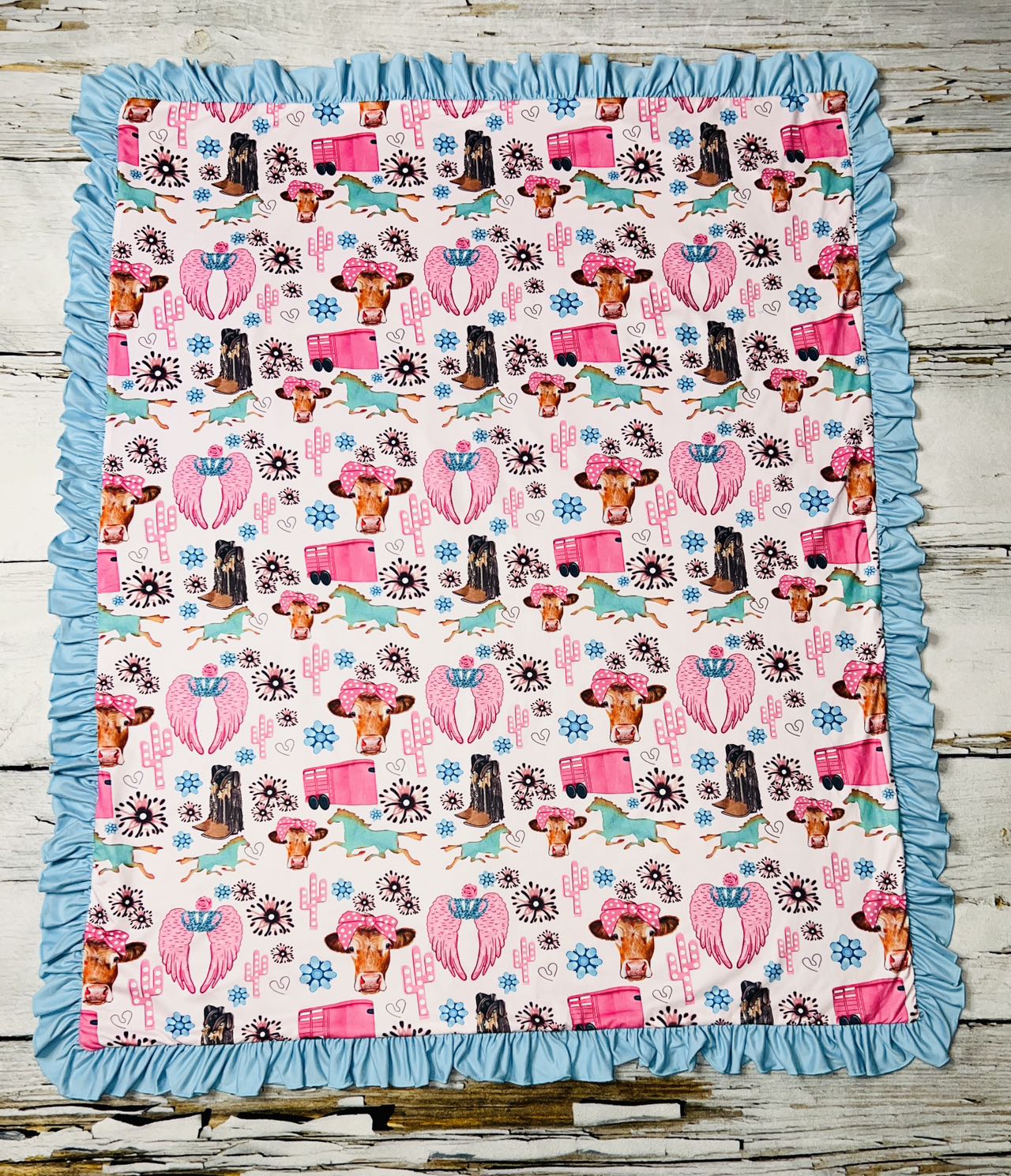 Light pink cow & jewels baby blanket w/light blue ruffle DLH1215-20