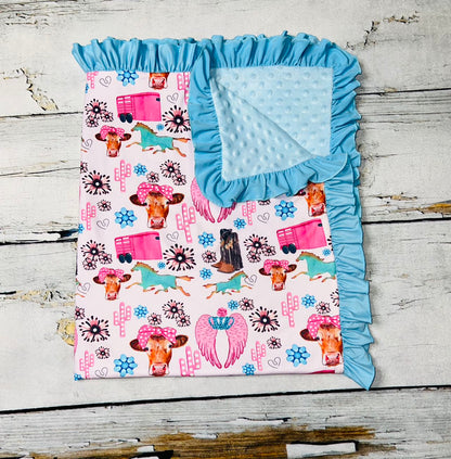 Light pink cow & jewels baby blanket w/light blue ruffle DLH1215-20