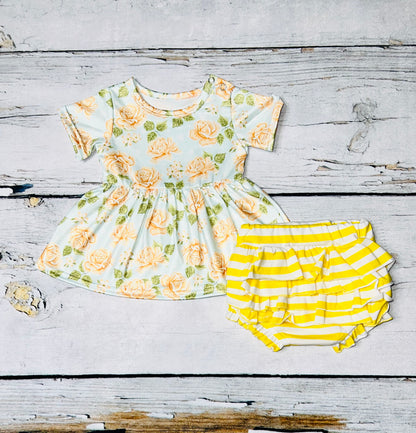 Peach floral & yellow stripped print baby bloomer set DLH1215-22