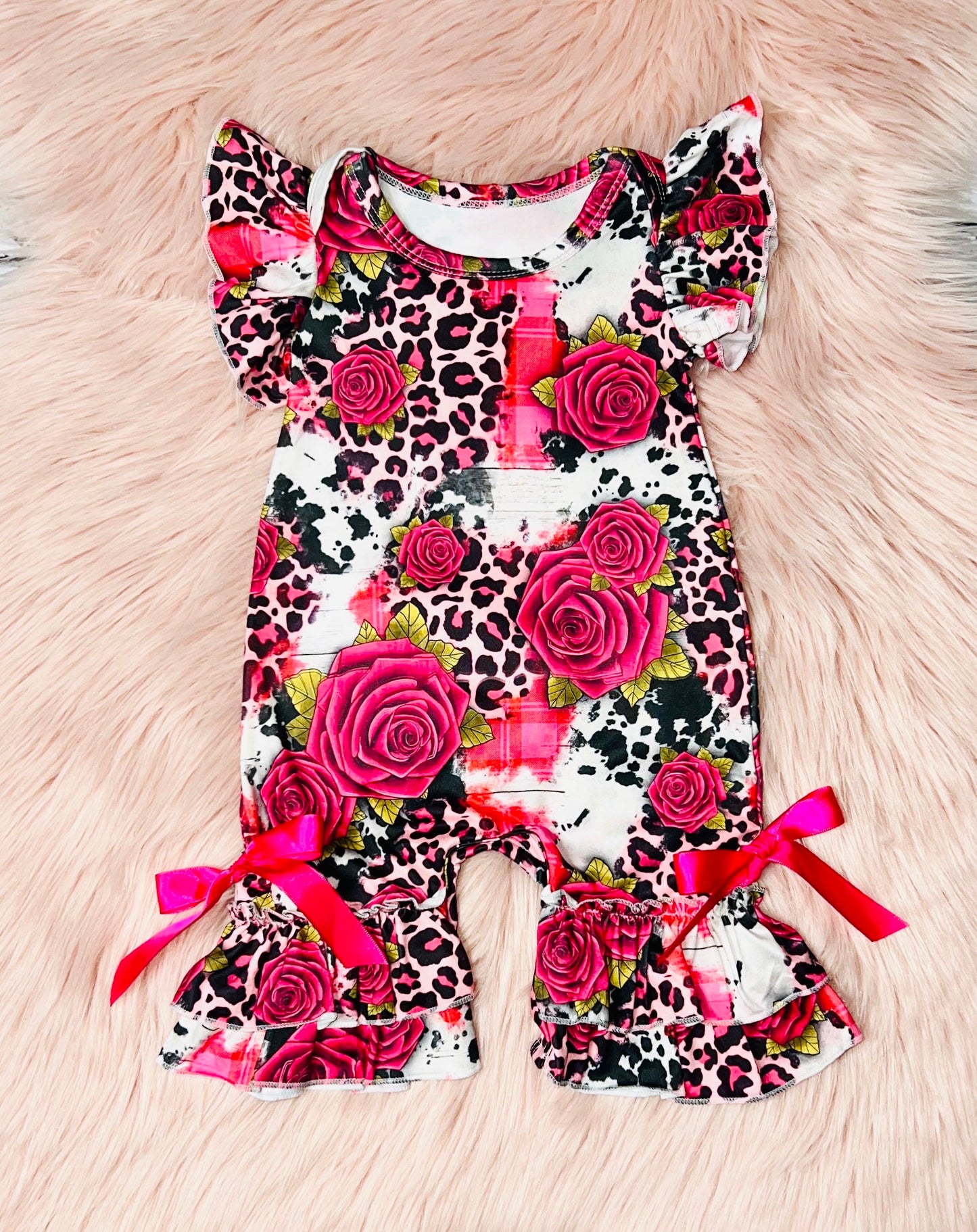 Hot pink roses & cheetah baby ruffle romper DLH1124-10