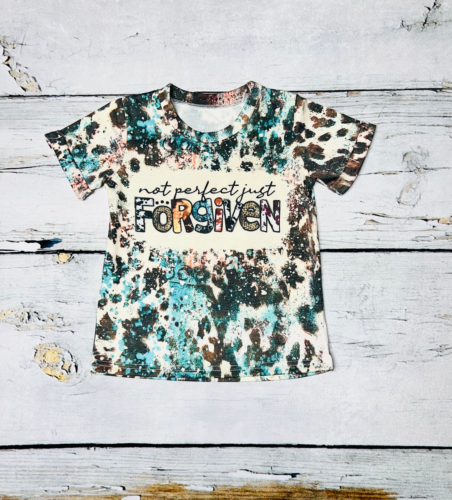 "NOT PERFECT JUST FORGIVEN" bleached short sleeve top DLH1108-14