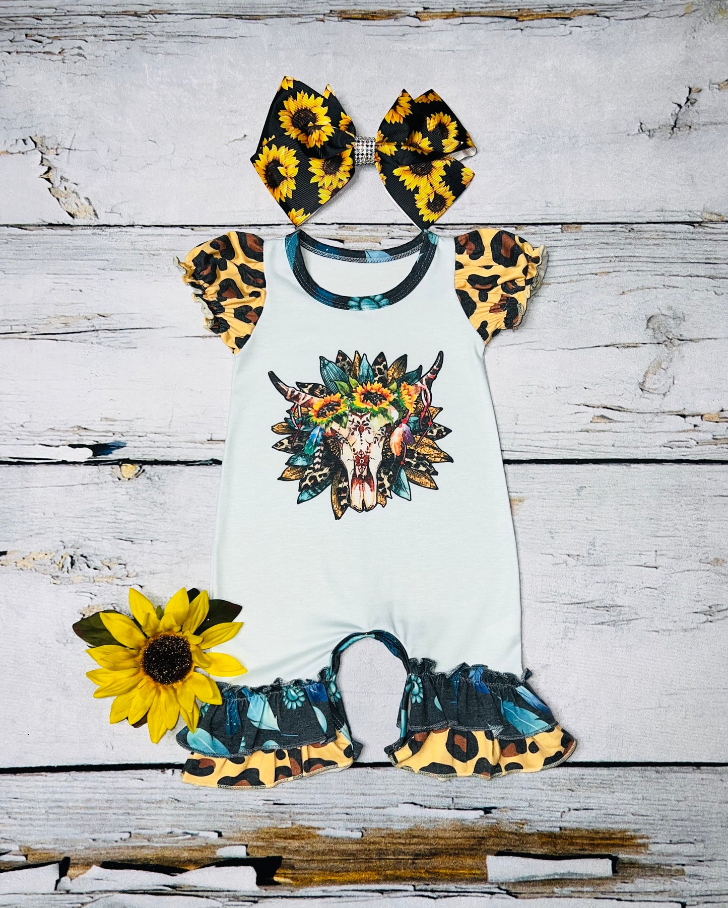 Cow skull w/sunflowers & leopard print ruffle baby romper DLH108-8
