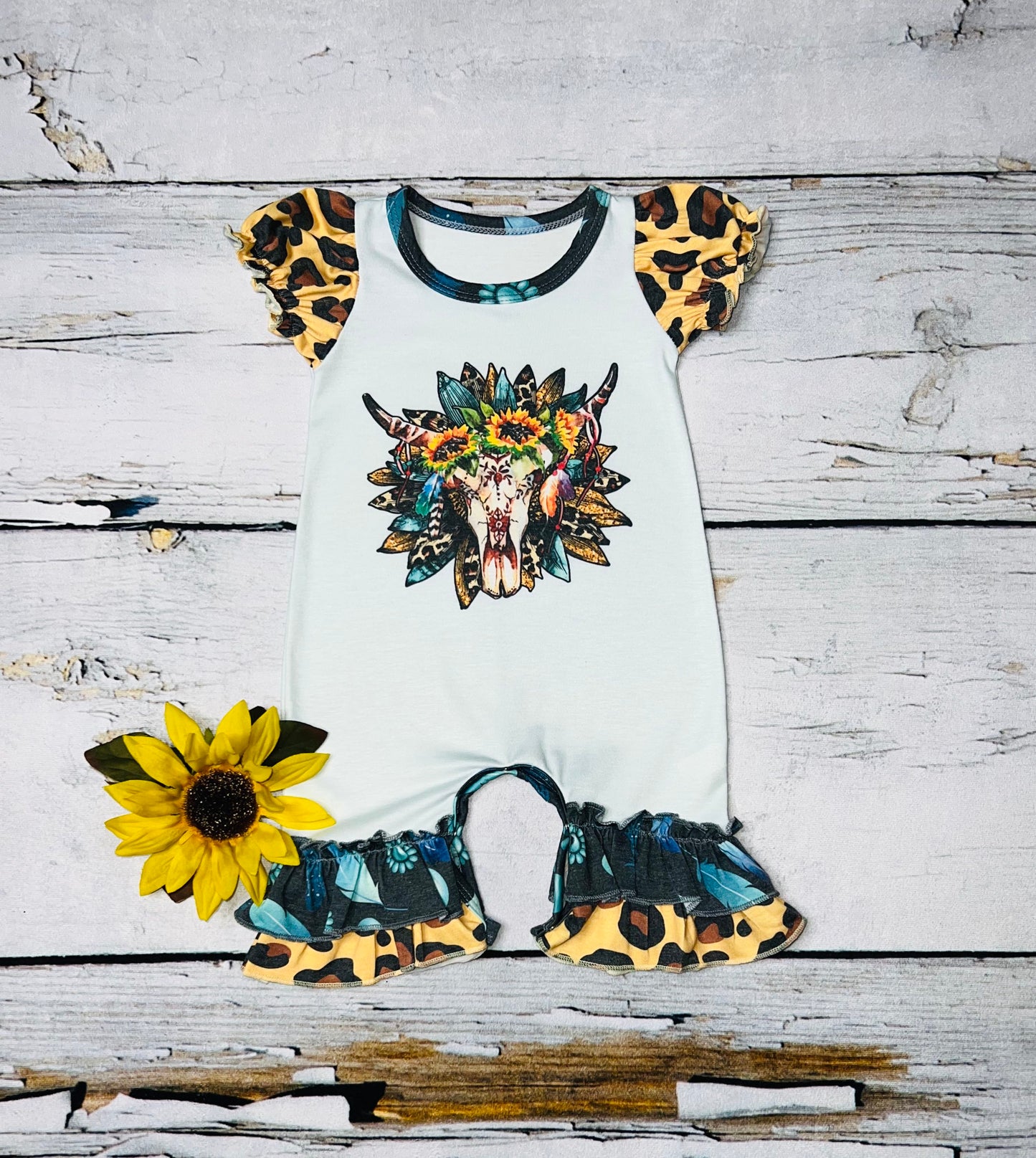 Cow skull w/sunflowers & leopard print ruffle baby romper DLH108-8