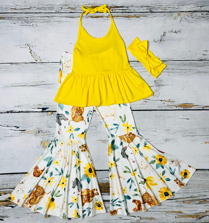 Yellow halter top w/floral bell bottoms 3pc set DLH1224-13