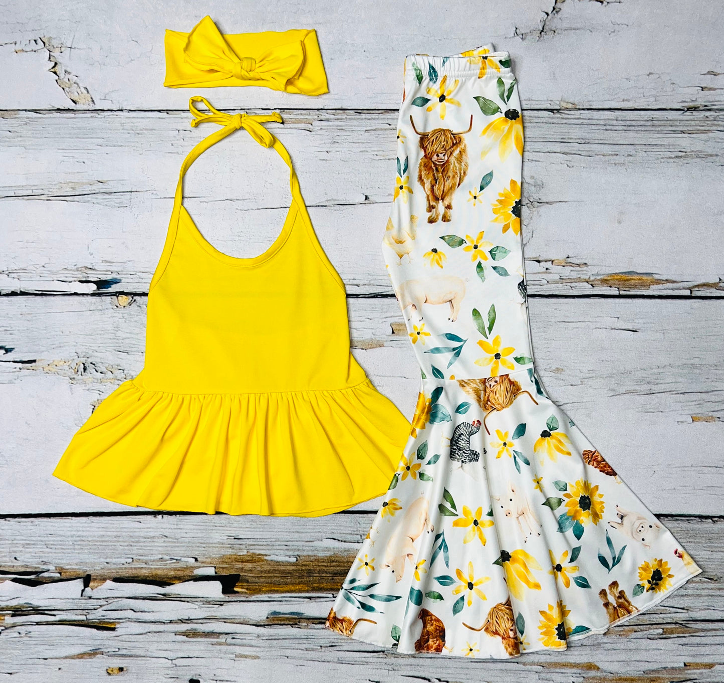 Yellow halter top w/floral bell bottoms 3pc set DLH1224-13