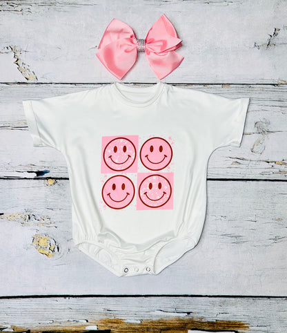 White w/light pink smiley faces baby bubble romper DLH1215-24