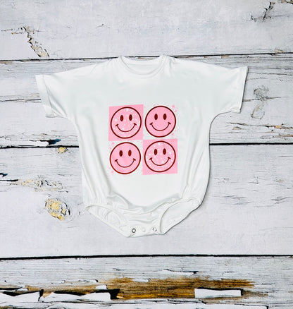 White w/light pink smiley faces baby bubble romper DLH1215-24