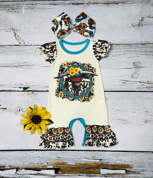 Serape bull skull w/jewels & sunflowers cream ruffle baby romper DLH0824-28