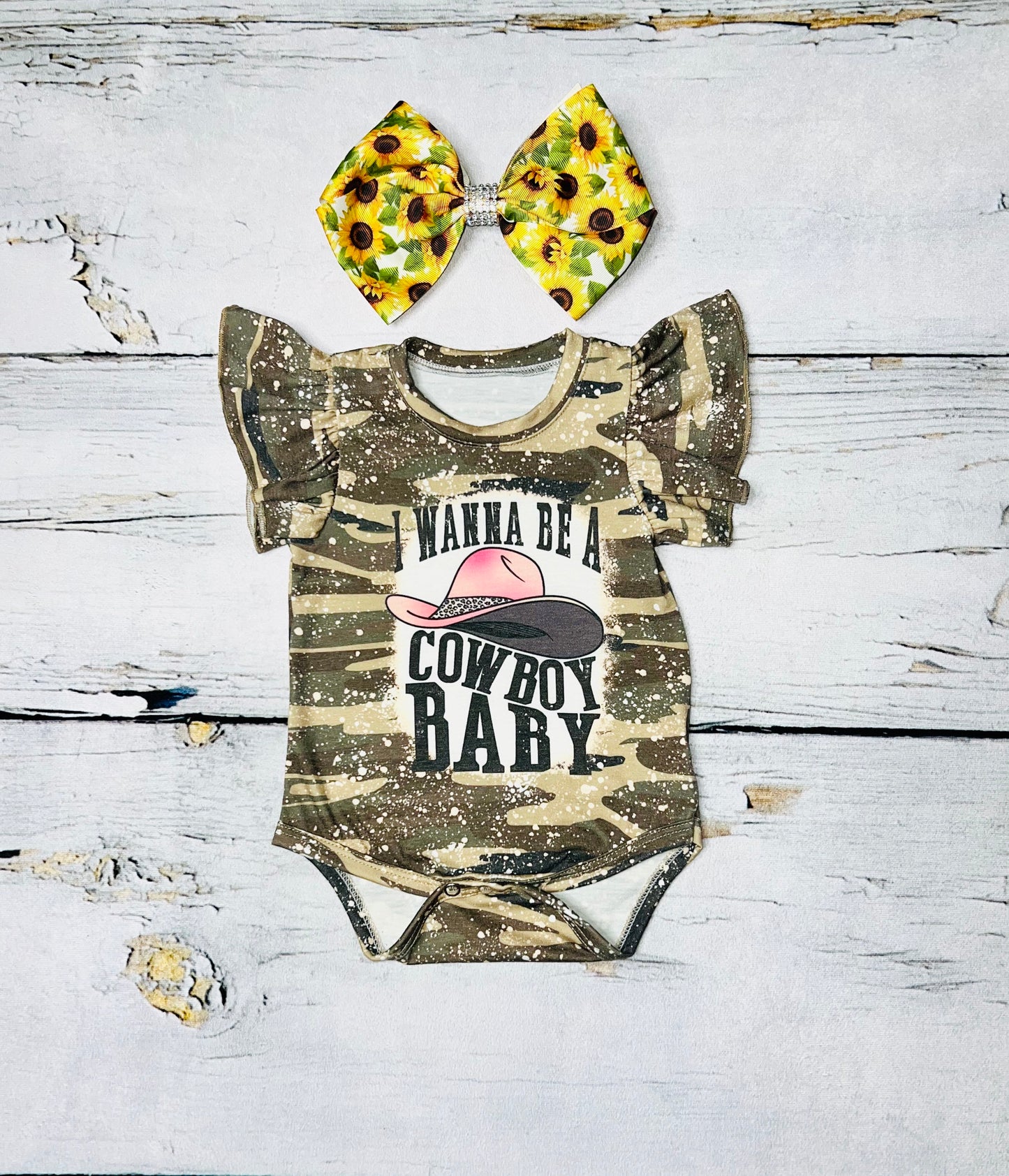 "I WANNA BE A COWBOY BABY" green camo baby onesie DLH1224-08