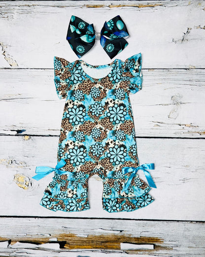 Turquoise jewels & leopard print ruffle baby romper DLH1124-8