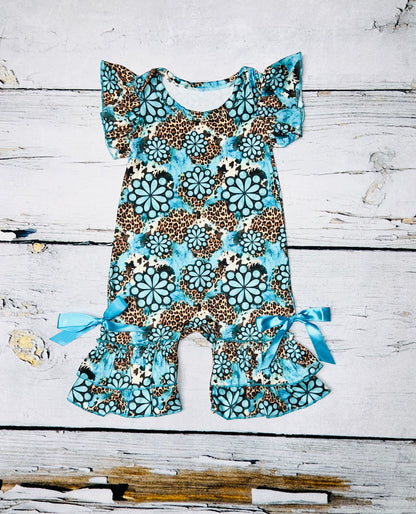 Turquoise jewels & leopard print ruffle baby romper DLH1124-8