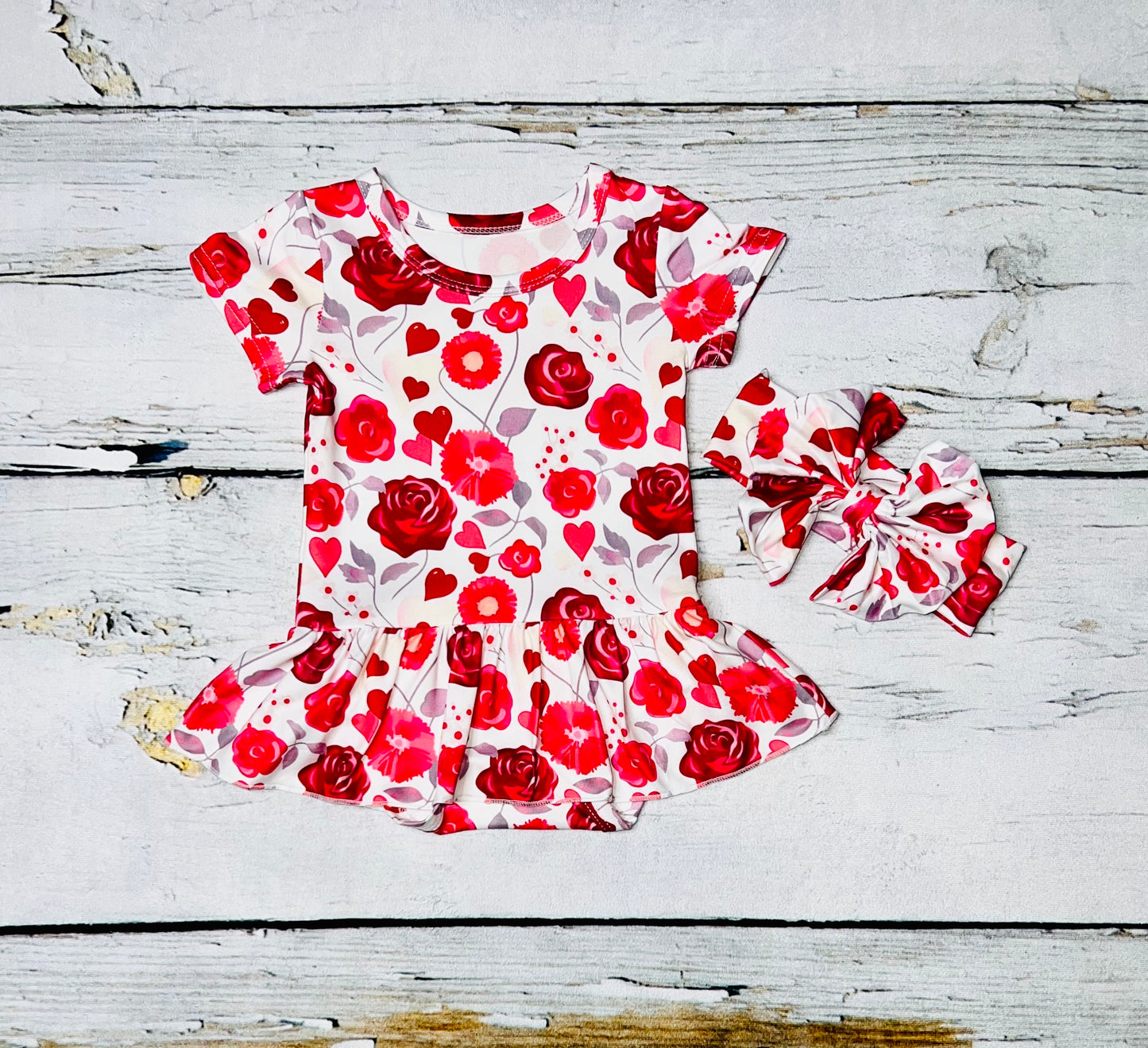 Red & white hearts & floral print baby onesie w/matching headband DLH1212-6