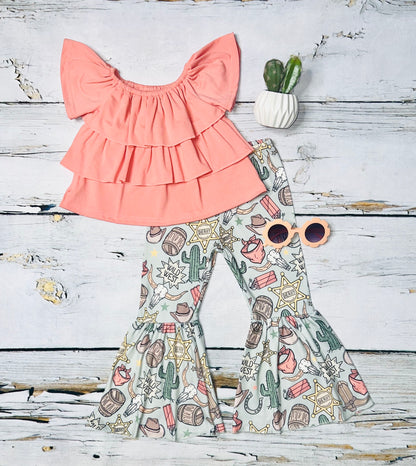 Peach ruffle top w/wild west bell bottoms 2pc set